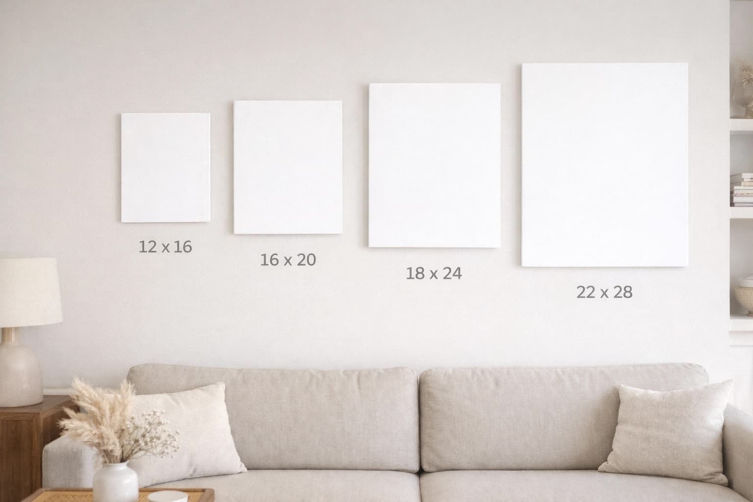 Four canvas sizes shown to scale against a living room wall